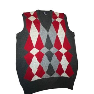 Grandpacore Lambswool Argyle Sweater Vest Gray Burgundy V-Neck Men 38 M
